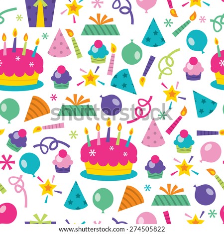 A vector illustration seamless pattern of a colorful cartoon birthday surprise theme.