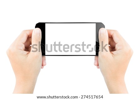 closeup hand hold smartphone show screen display isolated white clipping path inside