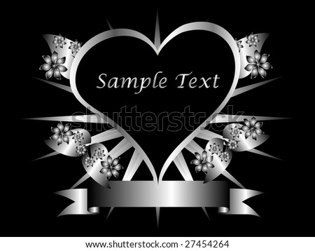 A gothic silver floral hearts vector design with room for text on a black background