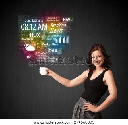 Businesswoman standing and holding a white cup with daily news and information coming out of the cup