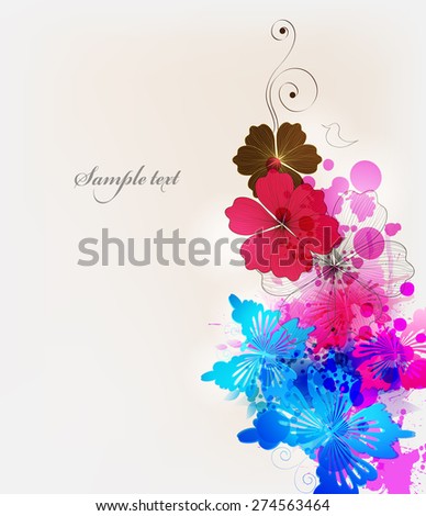Fantasy  vector background with colorful flower and butterflies. Abstract floral elements .