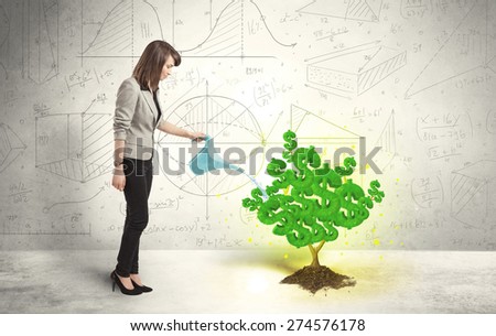 Business woman watering a growing green dollar sign tree concept