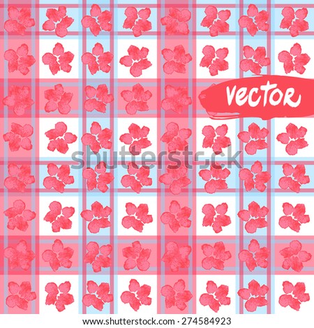 Gentle vector floral pattern of pink flowers on a checkered background. Female masculine textile for shirt