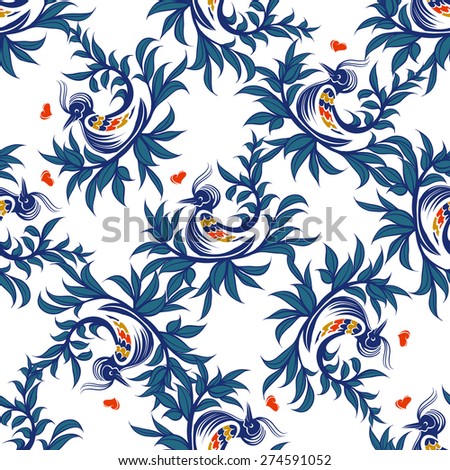 Seamless floral pattern with abstract bird.
