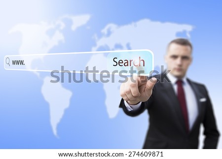  searching system and internet concept - man pressing Search button
