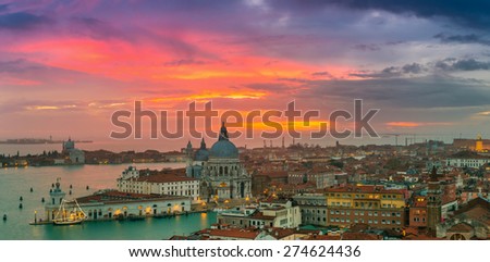 View of Basilica di Santa Maria della Salute at night under very dramatic sunset,Venice, Italy