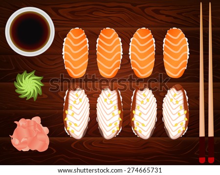 Freshly cooked japanese sashimi with soy sause ang ginger placed on wooden table. Vector image can be used for restaurant and cafe menu design, food posters, print cards and other crafts.