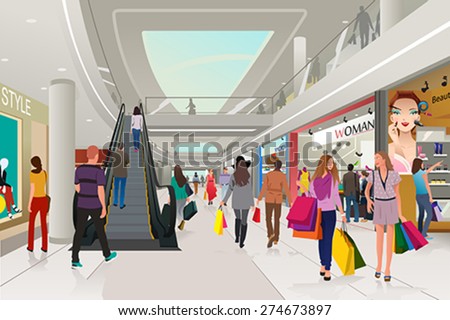 A vector illustration of people  shopping in a mall