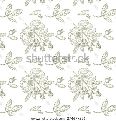 Seamless pattern with fruits and flowers of wild rose