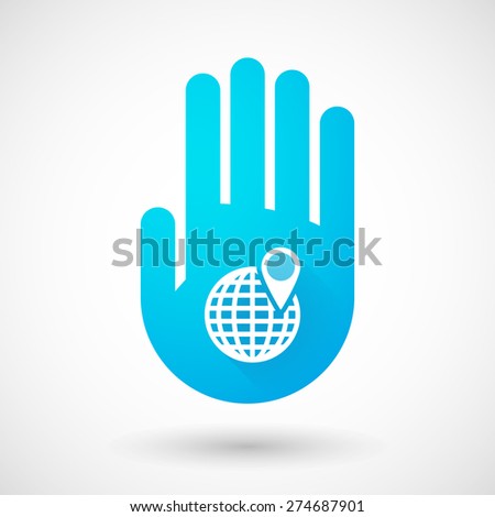 Illustration of a blue hand icon with a world globe
