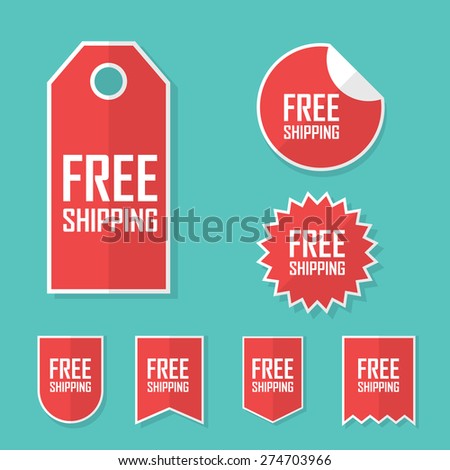 Free shipping sticker. Transport cost delivery no charge. Modern flat design, red color tag. Advertising promotional price label. Eps10 vector illustration.