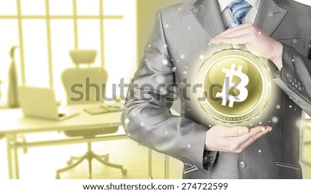 Businessman with protective gesture bitcoins
