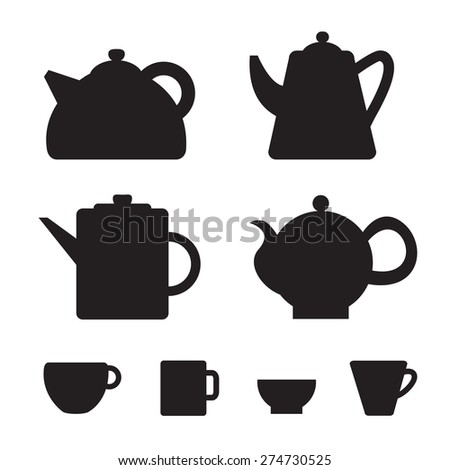 Vector set of teapots and cups profiles. Vector collection of the teapots and cups silhouettes. Vector illustration for shops, restaurants, cookware, kitchen utensils, sales.