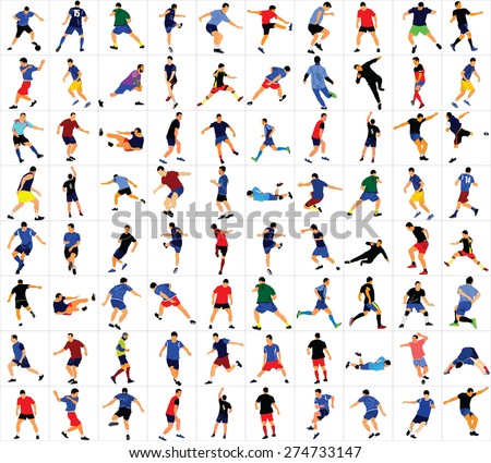 Different  poses of soccer players vector isolated  on white background. Very high quality detailed soccer football editable  players cutout outlines. Soccer  game sportsman collection. Football game.