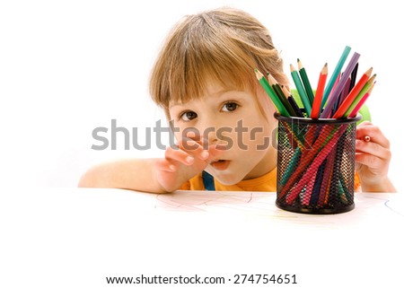 girl draws on a white background