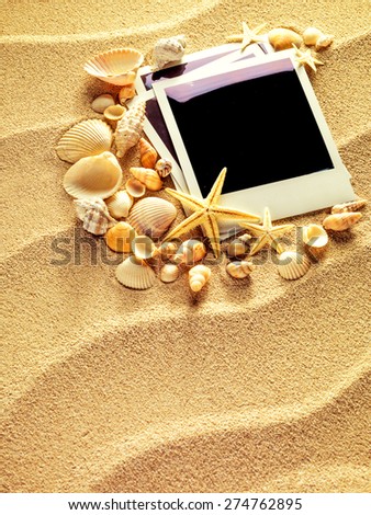 Summer like old style empty photo cards lying on a sea sand and framed with shells. Sunny summer background. Space for your text.
