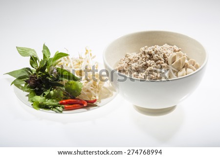  Noodle Soup with Pork Chops and fish ball isolated on white background