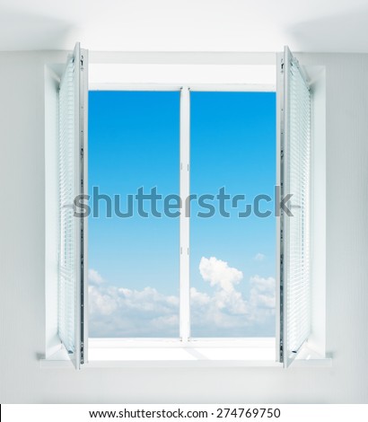 Beautiful blue sky seen through the window