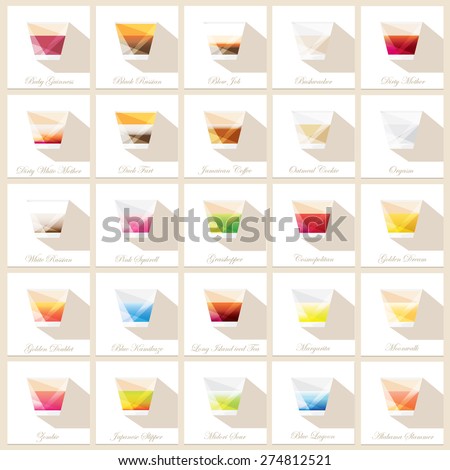 mega collection of colorful alcoholic cocktail shots labels in minimalistic abstract geometric low polygon style with long shadow effect