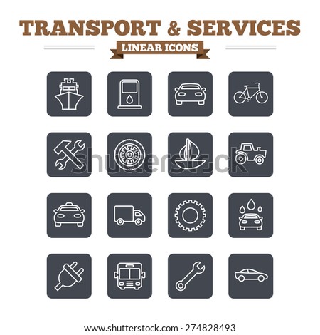 Transport and services linear icons set. Ship, car and public bus, taxi. Repair hammer and wrench key, wheel and cogwheel. Sailboat and bicycle. Thin outline signs. Flat square vector