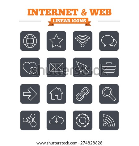 Internet and Web linear icons set. Wi-fi network, favorite star and internet globe. Hearts, shopping cart and speech bubbles. Share, rss and link symbols. Thin outline signs. Flat square vector