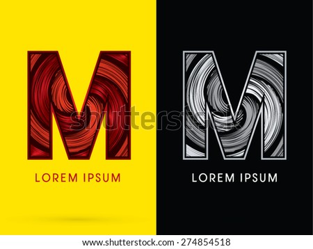 M ,Abstract , font, concept  Spin, designed using red,black and white, grunge brush, sign.