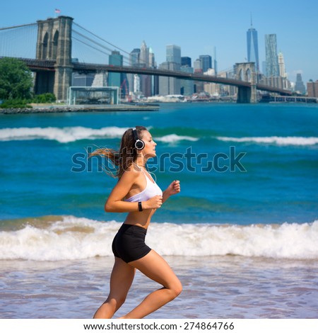 Brunette girl running in New York Brooklyn bridge photo mount