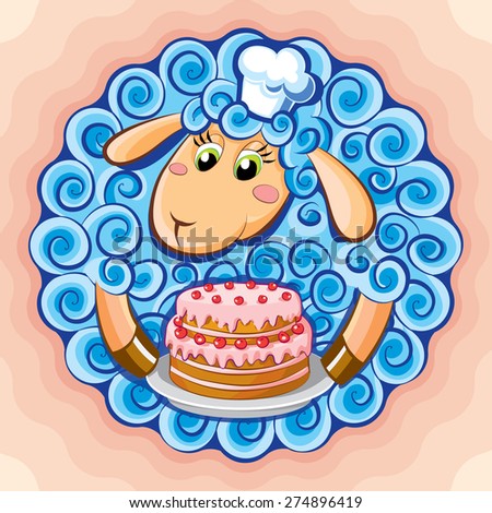 Cute blue lamb in a chef's hat holds a cake with cherries and cream. Vector illustration + jpg illustration.