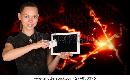 Smiling young woman holging tablet and blank card and looking at camera on abstract digital red background with numbers
