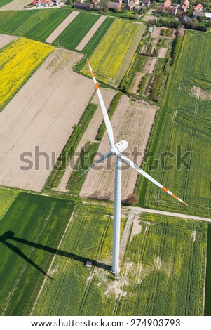 aerial view of wind turbine on a field in Poland