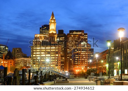Boston Custom House, Long Wharf and Financial District skyline at night, Boston, Massachusetts MA, USA. 