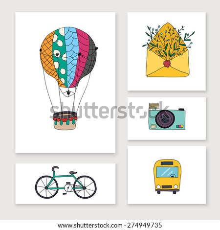 Cards with travel hand draw objects: balloon, bike, bus, camera, letter.