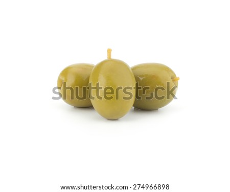 Green olives isolated on white background closeup
