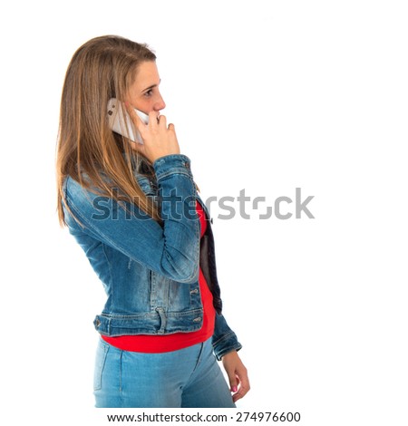 Student woman talking to mobile over white background