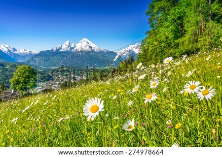 Panoramic view of beautiful landscape in the Bavarian Alps with famous Watzmann mountain in the background in springtime, Nationalpark Berchtesgadener Land, Bavaria, Germany Royalty-Free Stock Photo #274978664