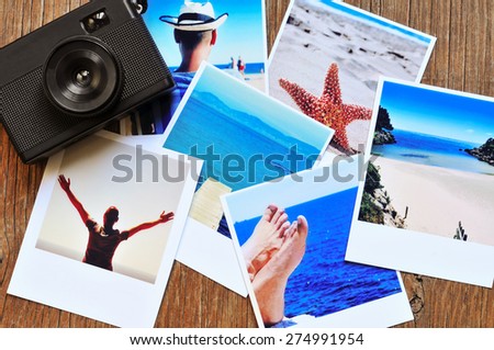 high-angle shot of a retro camera and some photos, shot by myself, of a young man at the beach and some of other beach scenes, placed on a rustic wooden table