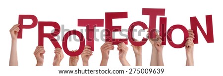 Many Caucasian People And Hands Holding Red Letters Or Characters Building The Isolated English Word Protection On White Background
