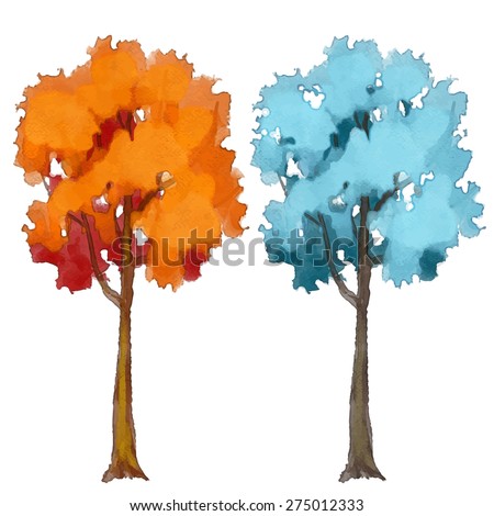 Watercolor trees set, autumn, winter seasons, isolated on white background
