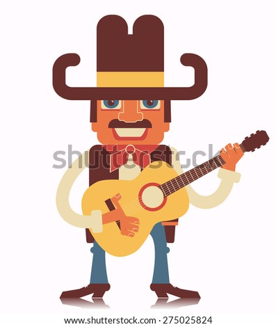 Cowboy playing guitar.Vector country music flat design style illustration isolated on white