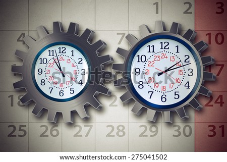 Work schedule business organization planning concept with a clock shaped as a gear or cog wheel and calendar icons as a stress metaphor for time management for a busy work and family life. Royalty-Free Stock Photo #275041502