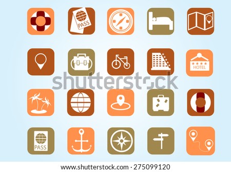 Vector illustration, set of simple retro color style travel related icons signs pictogram sign symbols isolated on blue background, wallpaper logo template design. No transparencies applied
