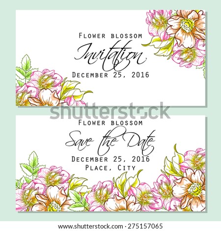 Flower blossom. Romantic botanical invitation. Greeting card with floral background.