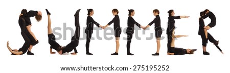 Black dressed people forming SUMMER word over white