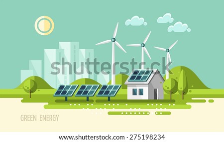 Green energy, urban landscape, ecology. flat design vector concept illustration. Royalty-Free Stock Photo #275198234