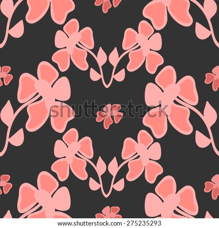 Seamless pattern with pink curly flowers on black background.