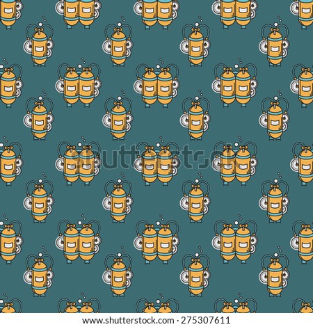 Seamless flat color design vector pattern with yellow aqualungs on blue background.