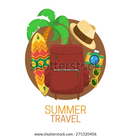 Tourist suitcase and vacation symbols. Summer tropic travel background design.