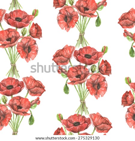 Vector seamless watercolor pattern with bouquet of red poppy