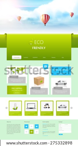 Eco One Page Website Design for Your Business with hot air balloons realistic illustration. Vector Eps 10