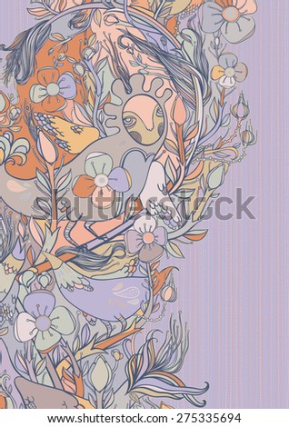 Vector decorative floral background, illustration with gorgeous ornamental frame. Pattern with unique flowers, birds and fabulous creatures. Can be used as greeting card, invitations, postcard.